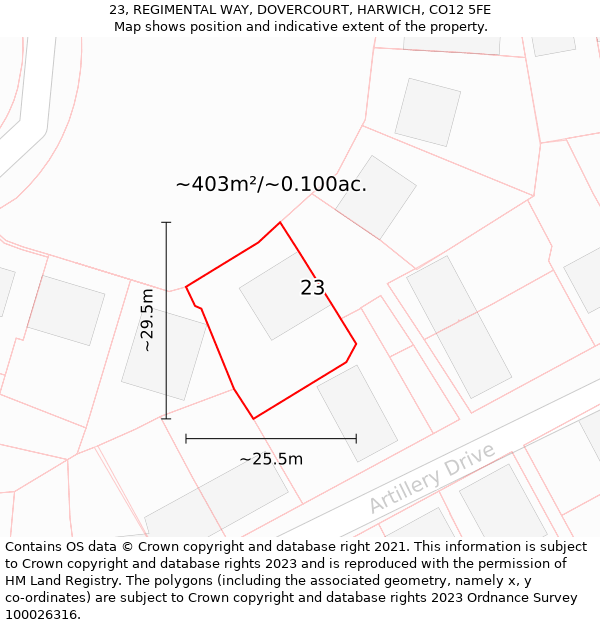 23, REGIMENTAL WAY, DOVERCOURT, HARWICH, CO12 5FE: Plot and title map