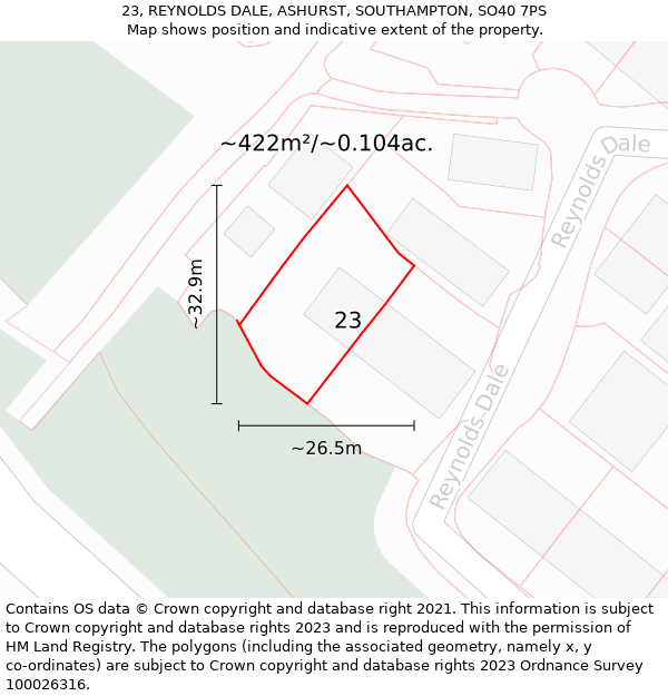 23, REYNOLDS DALE, ASHURST, SOUTHAMPTON, SO40 7PS: Plot and title map