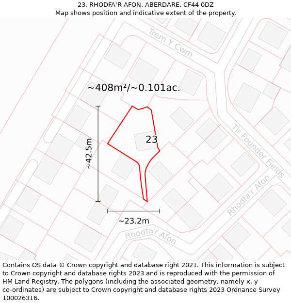 23, RHODFA'R AFON, ABERDARE, CF44 0DZ: Plot and title map