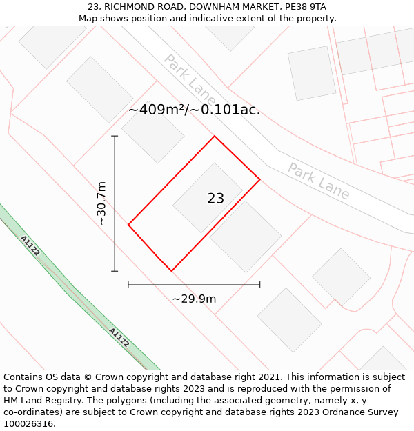 23, RICHMOND ROAD, DOWNHAM MARKET, PE38 9TA: Plot and title map