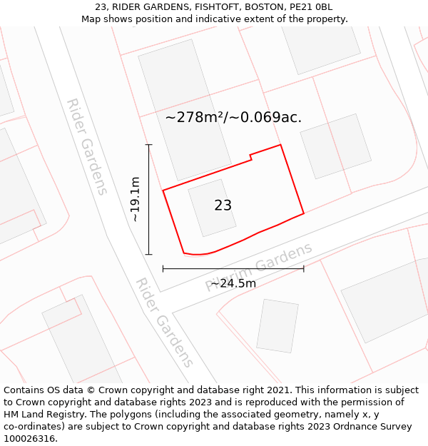 23, RIDER GARDENS, FISHTOFT, BOSTON, PE21 0BL: Plot and title map