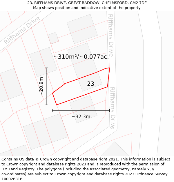 23, RIFFHAMS DRIVE, GREAT BADDOW, CHELMSFORD, CM2 7DE: Plot and title map