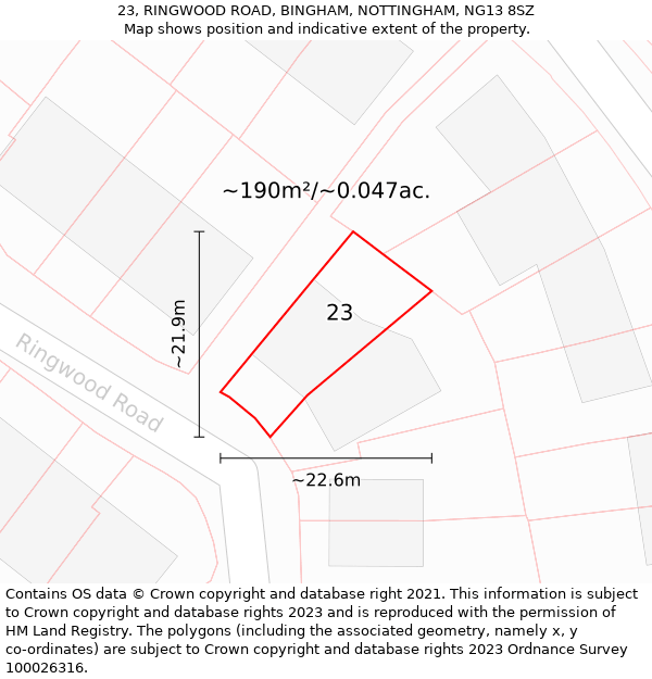 23, RINGWOOD ROAD, BINGHAM, NOTTINGHAM, NG13 8SZ: Plot and title map