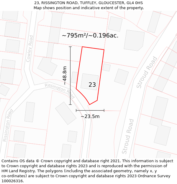 23, RISSINGTON ROAD, TUFFLEY, GLOUCESTER, GL4 0HS: Plot and title map