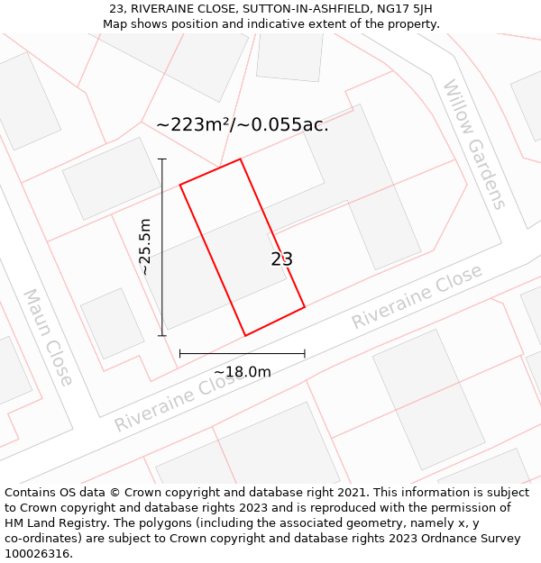 23, RIVERAINE CLOSE, SUTTON-IN-ASHFIELD, NG17 5JH: Plot and title map