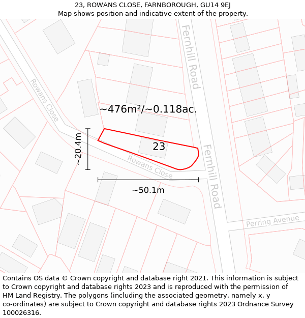 23, ROWANS CLOSE, FARNBOROUGH, GU14 9EJ: Plot and title map