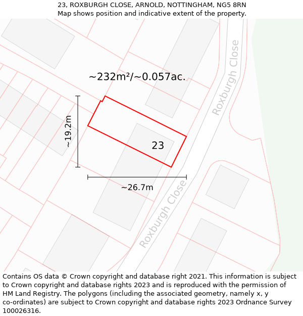 23, ROXBURGH CLOSE, ARNOLD, NOTTINGHAM, NG5 8RN: Plot and title map