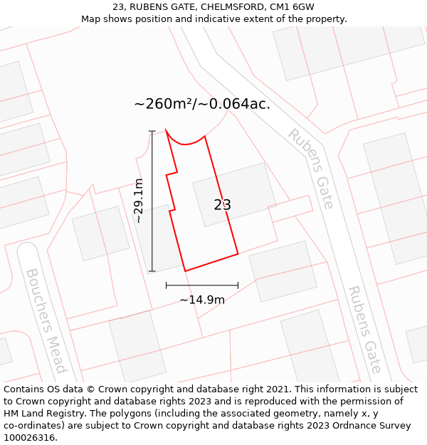 23, RUBENS GATE, CHELMSFORD, CM1 6GW: Plot and title map