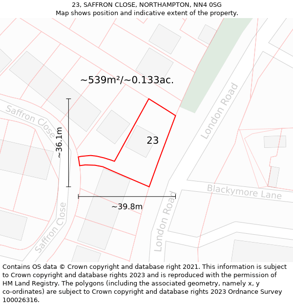 23, SAFFRON CLOSE, NORTHAMPTON, NN4 0SG: Plot and title map