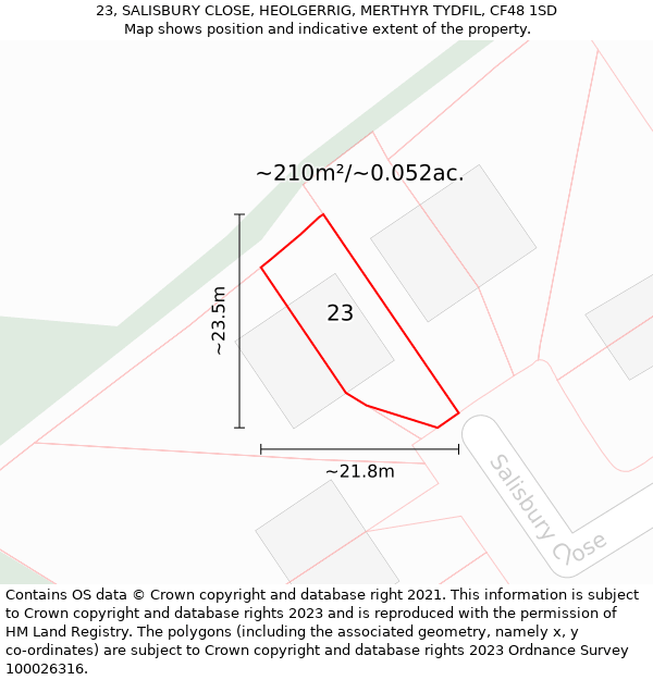 23, SALISBURY CLOSE, HEOLGERRIG, MERTHYR TYDFIL, CF48 1SD: Plot and title map