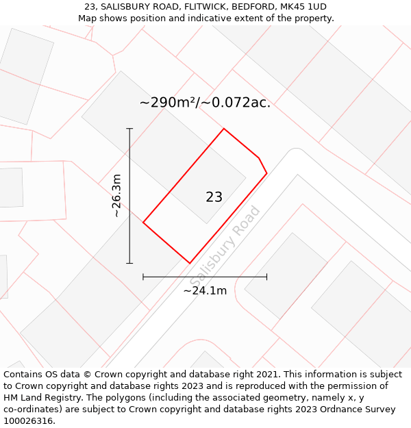 23, SALISBURY ROAD, FLITWICK, BEDFORD, MK45 1UD: Plot and title map