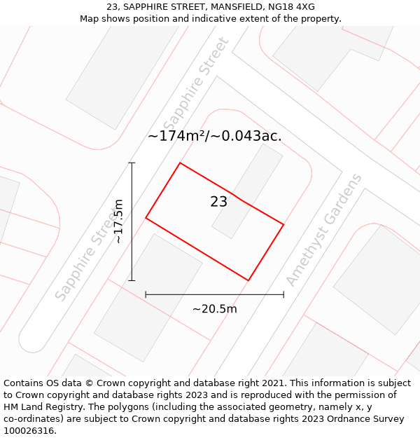 23, SAPPHIRE STREET, MANSFIELD, NG18 4XG: Plot and title map