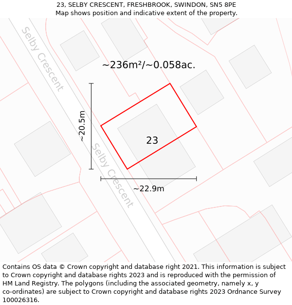 23, SELBY CRESCENT, FRESHBROOK, SWINDON, SN5 8PE: Plot and title map