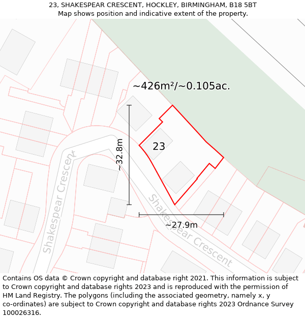 23, SHAKESPEAR CRESCENT, HOCKLEY, BIRMINGHAM, B18 5BT: Plot and title map