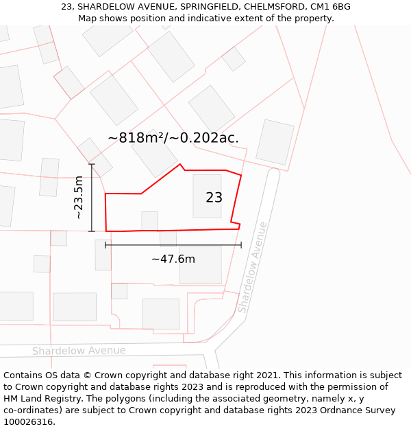 23, SHARDELOW AVENUE, SPRINGFIELD, CHELMSFORD, CM1 6BG: Plot and title map