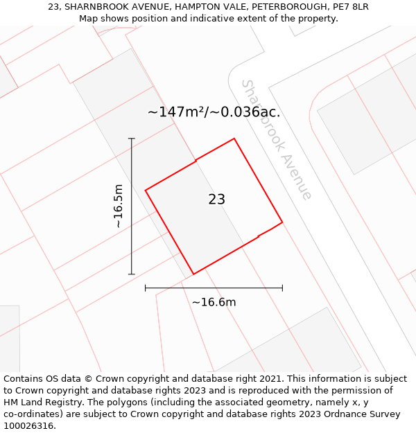 23, SHARNBROOK AVENUE, HAMPTON VALE, PETERBOROUGH, PE7 8LR: Plot and title map