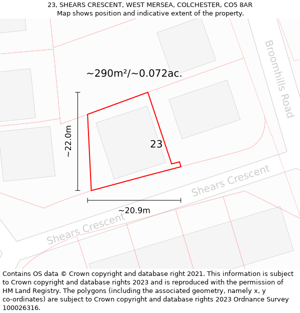 23, SHEARS CRESCENT, WEST MERSEA, COLCHESTER, CO5 8AR: Plot and title map