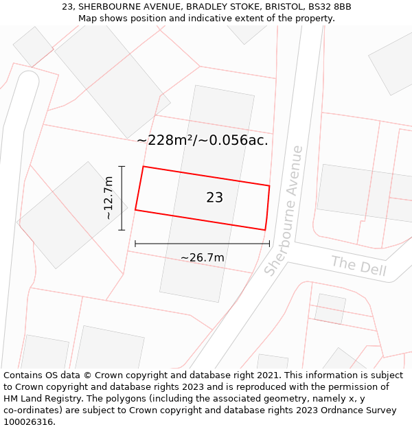 23, SHERBOURNE AVENUE, BRADLEY STOKE, BRISTOL, BS32 8BB: Plot and title map