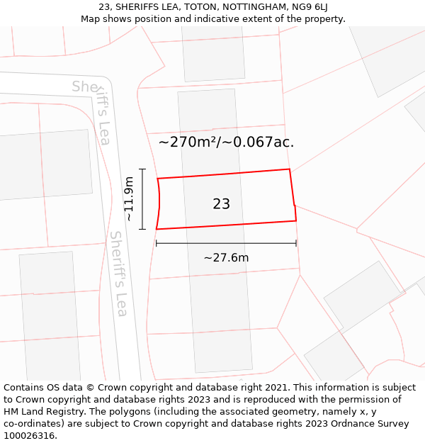 23, SHERIFFS LEA, TOTON, NOTTINGHAM, NG9 6LJ: Plot and title map