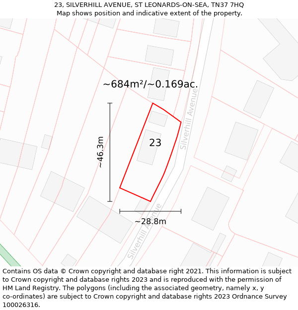 23, SILVERHILL AVENUE, ST LEONARDS-ON-SEA, TN37 7HQ: Plot and title map