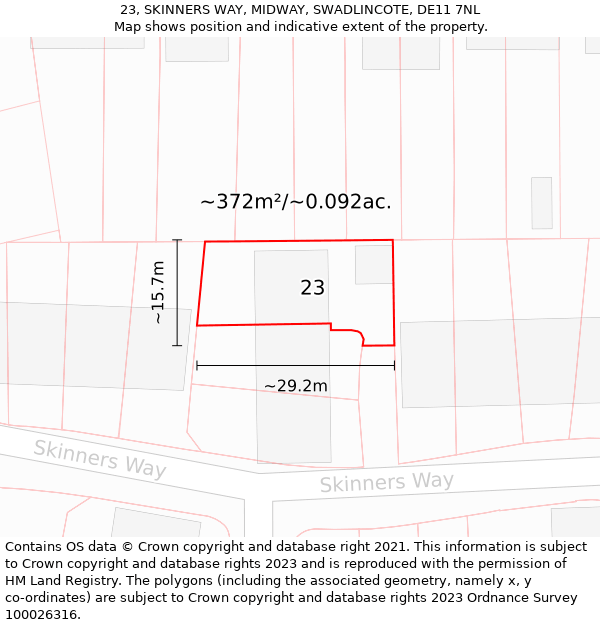 23, SKINNERS WAY, MIDWAY, SWADLINCOTE, DE11 7NL: Plot and title map