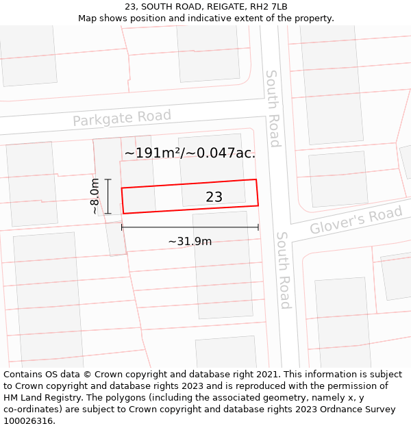 23, SOUTH ROAD, REIGATE, RH2 7LB: Plot and title map