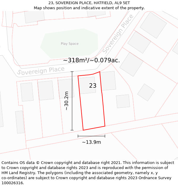 23, SOVEREIGN PLACE, HATFIELD, AL9 5ET: Plot and title map