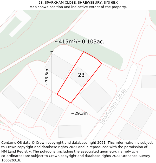 23, SPARKHAM CLOSE, SHREWSBURY, SY3 6BX: Plot and title map