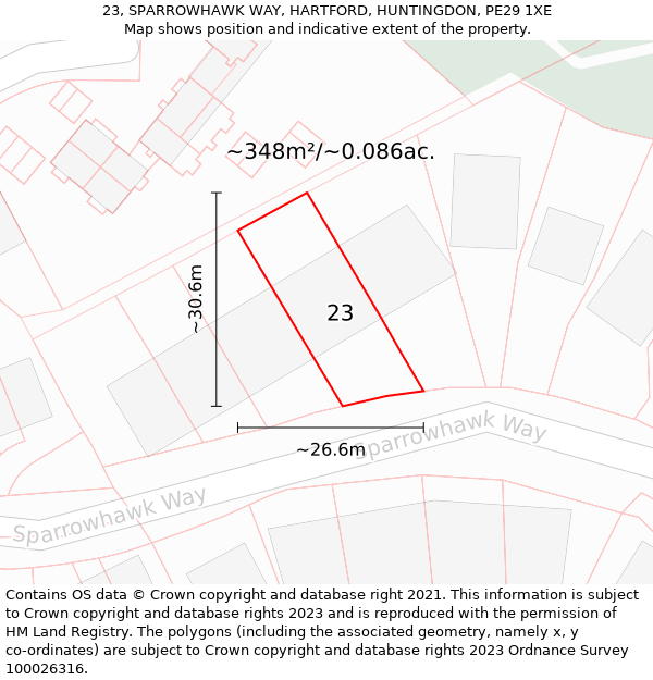 23, SPARROWHAWK WAY, HARTFORD, HUNTINGDON, PE29 1XE: Plot and title map