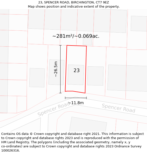 23, SPENCER ROAD, BIRCHINGTON, CT7 9EZ: Plot and title map