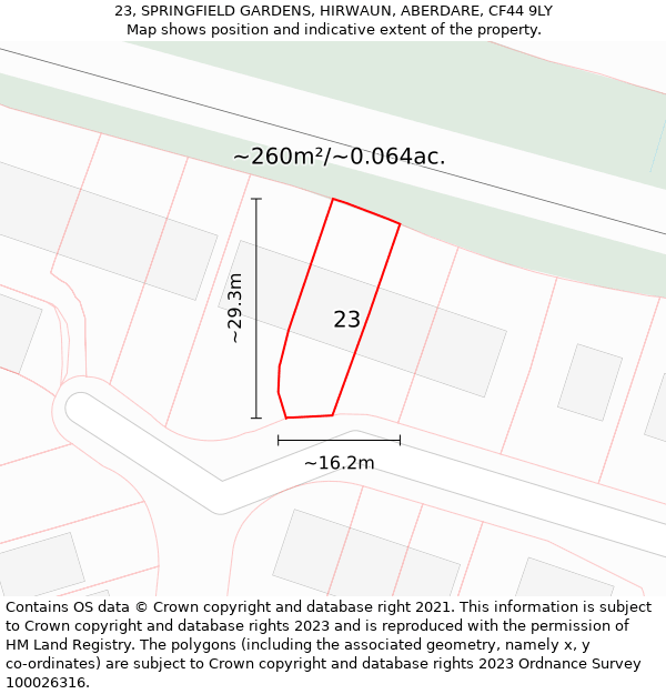 23, SPRINGFIELD GARDENS, HIRWAUN, ABERDARE, CF44 9LY: Plot and title map