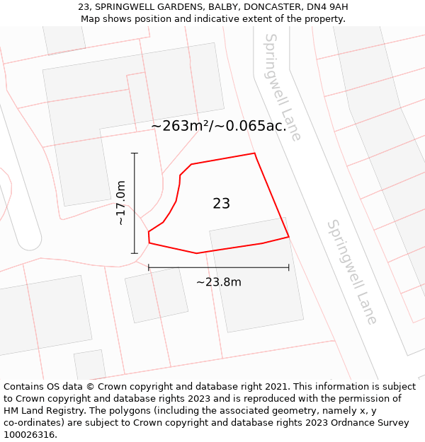 23, SPRINGWELL GARDENS, BALBY, DONCASTER, DN4 9AH: Plot and title map