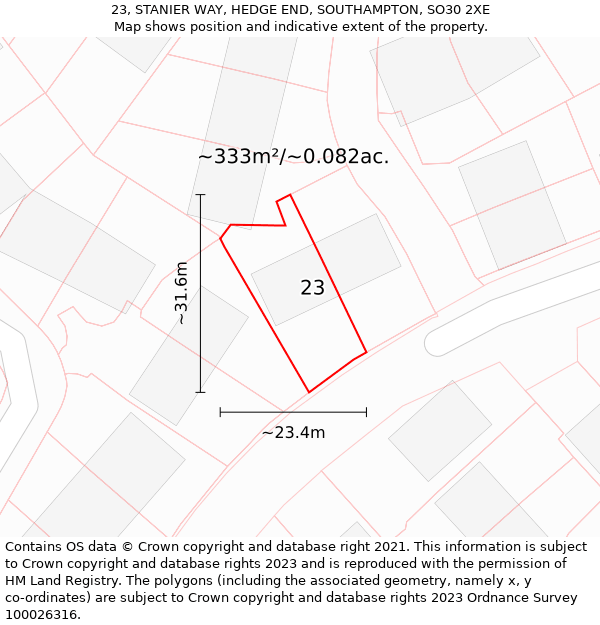 23, STANIER WAY, HEDGE END, SOUTHAMPTON, SO30 2XE: Plot and title map