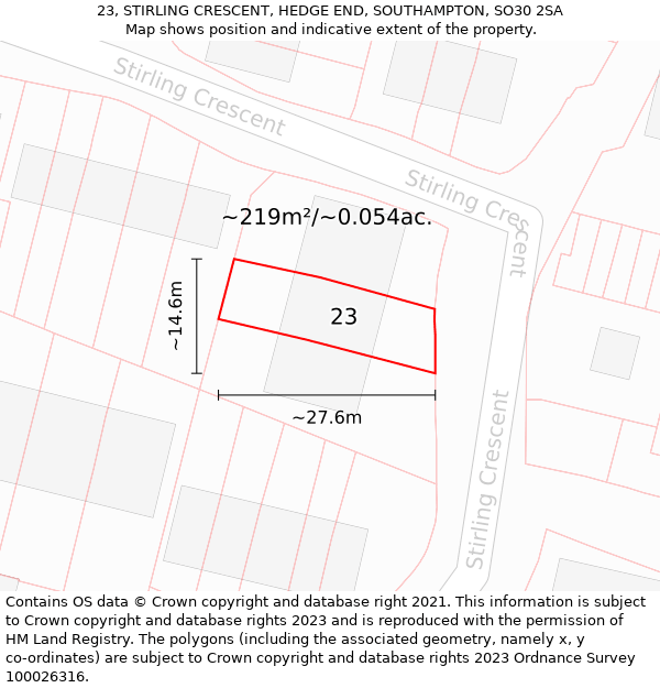 23, STIRLING CRESCENT, HEDGE END, SOUTHAMPTON, SO30 2SA: Plot and title map