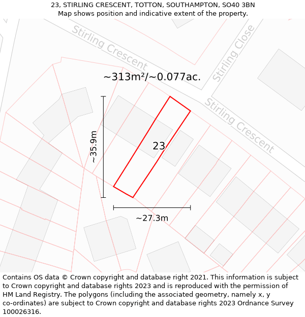 23, STIRLING CRESCENT, TOTTON, SOUTHAMPTON, SO40 3BN: Plot and title map
