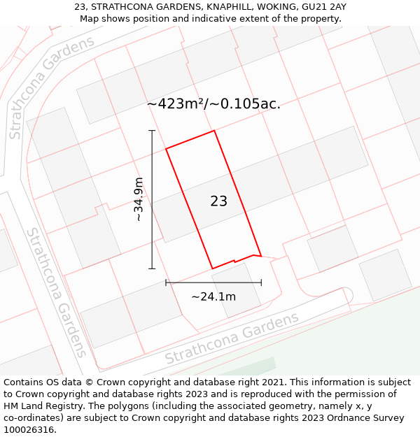 23, STRATHCONA GARDENS, KNAPHILL, WOKING, GU21 2AY: Plot and title map