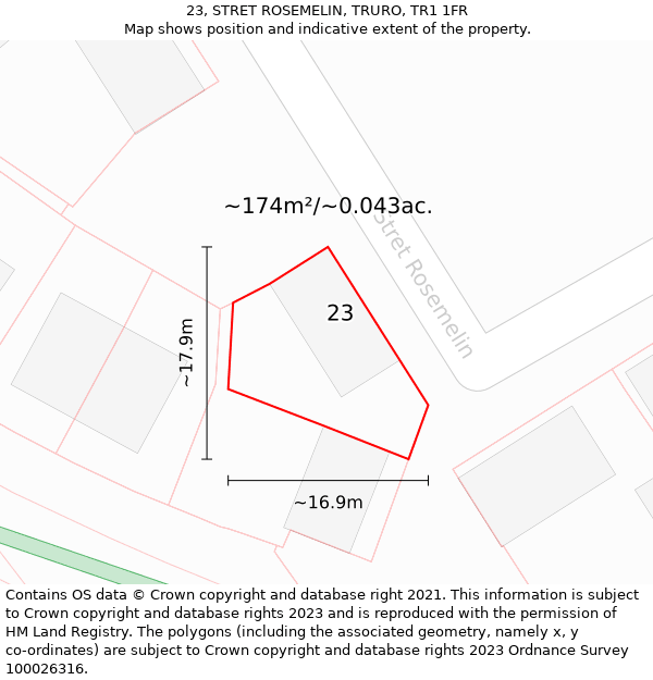 23, STRET ROSEMELIN, TRURO, TR1 1FR: Plot and title map