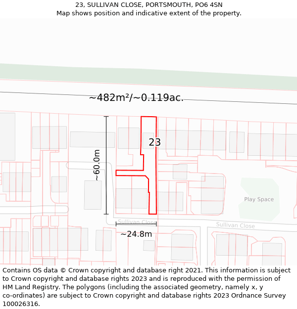 23, SULLIVAN CLOSE, PORTSMOUTH, PO6 4SN: Plot and title map