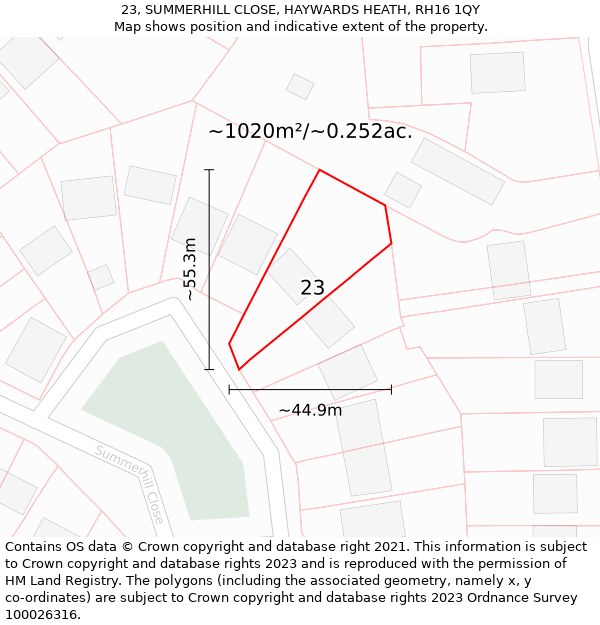 23, SUMMERHILL CLOSE, HAYWARDS HEATH, RH16 1QY: Plot and title map