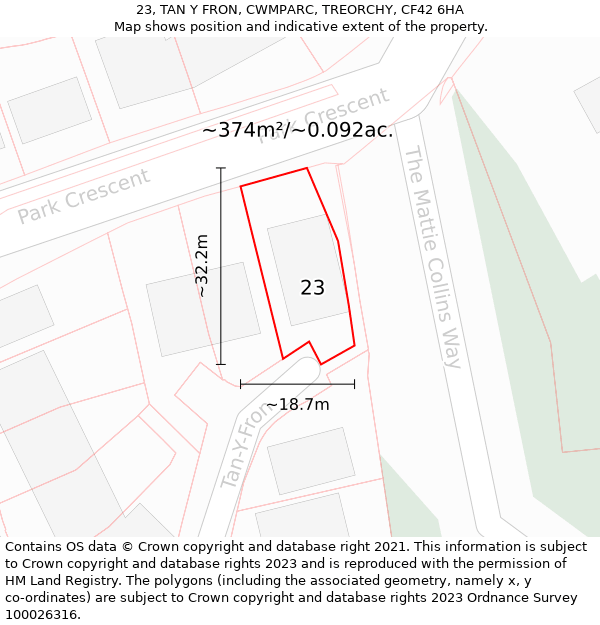 23, TAN Y FRON, CWMPARC, TREORCHY, CF42 6HA: Plot and title map