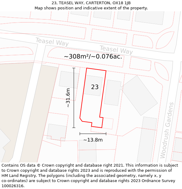 23, TEASEL WAY, CARTERTON, OX18 1JB: Plot and title map