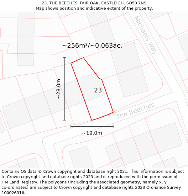 23, THE BEECHES, FAIR OAK, EASTLEIGH, SO50 7NS: Plot and title map