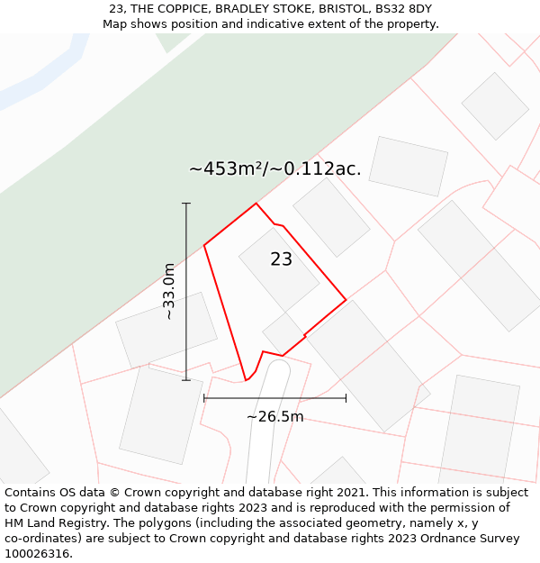 23, THE COPPICE, BRADLEY STOKE, BRISTOL, BS32 8DY: Plot and title map