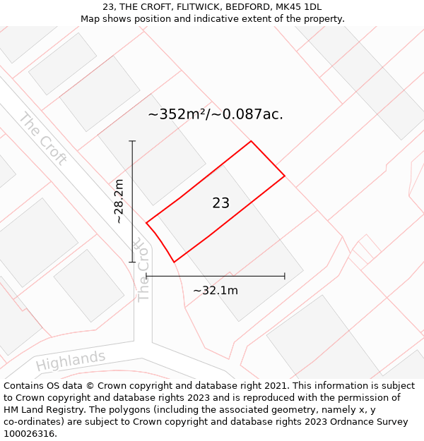 23, THE CROFT, FLITWICK, BEDFORD, MK45 1DL: Plot and title map