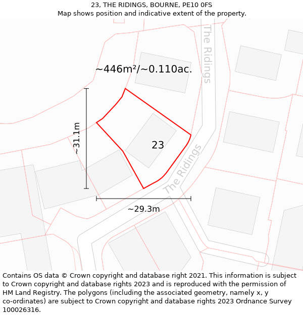 23, THE RIDINGS, BOURNE, PE10 0FS: Plot and title map