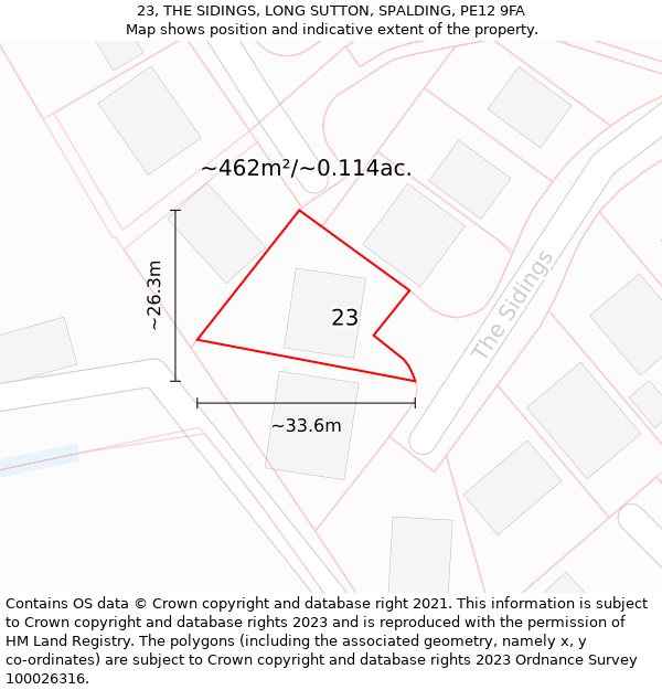 23, THE SIDINGS, LONG SUTTON, SPALDING, PE12 9FA: Plot and title map