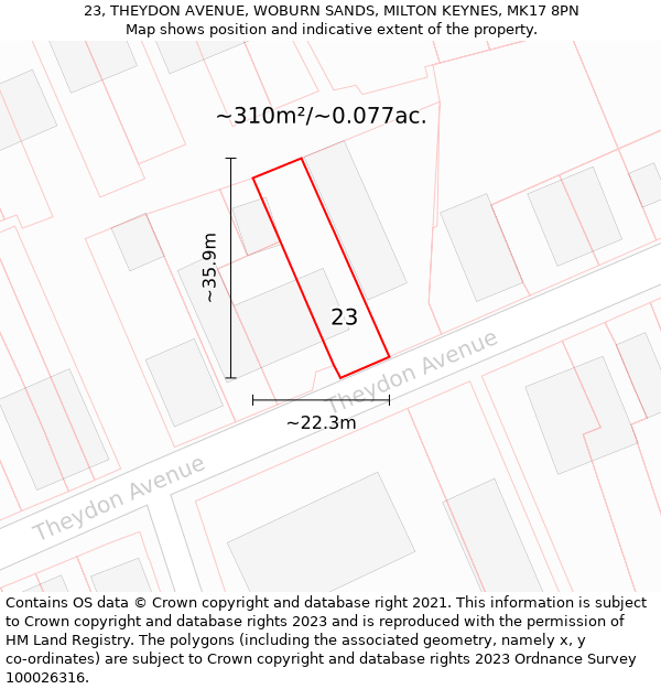 23, THEYDON AVENUE, WOBURN SANDS, MILTON KEYNES, MK17 8PN: Plot and title map