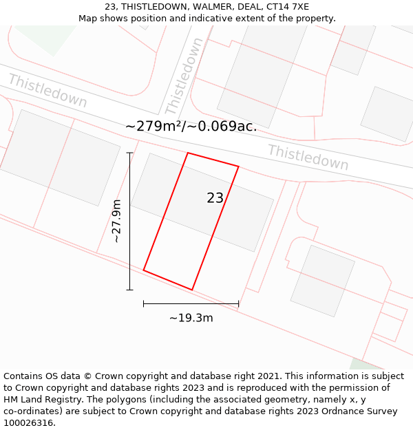 23, THISTLEDOWN, WALMER, DEAL, CT14 7XE: Plot and title map