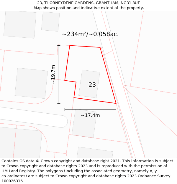 23, THORNEYDENE GARDENS, GRANTHAM, NG31 8UF: Plot and title map