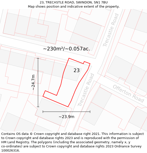 23, TRECASTLE ROAD, SWINDON, SN1 7BU: Plot and title map